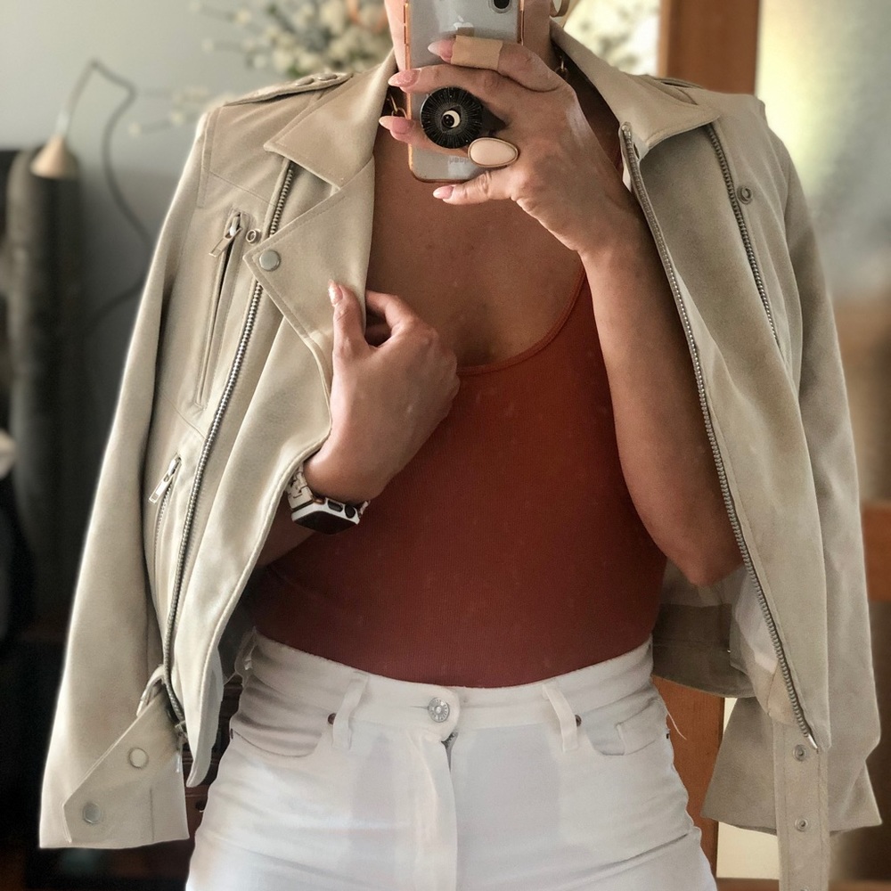 Cream vegan leather biker moto jacket.